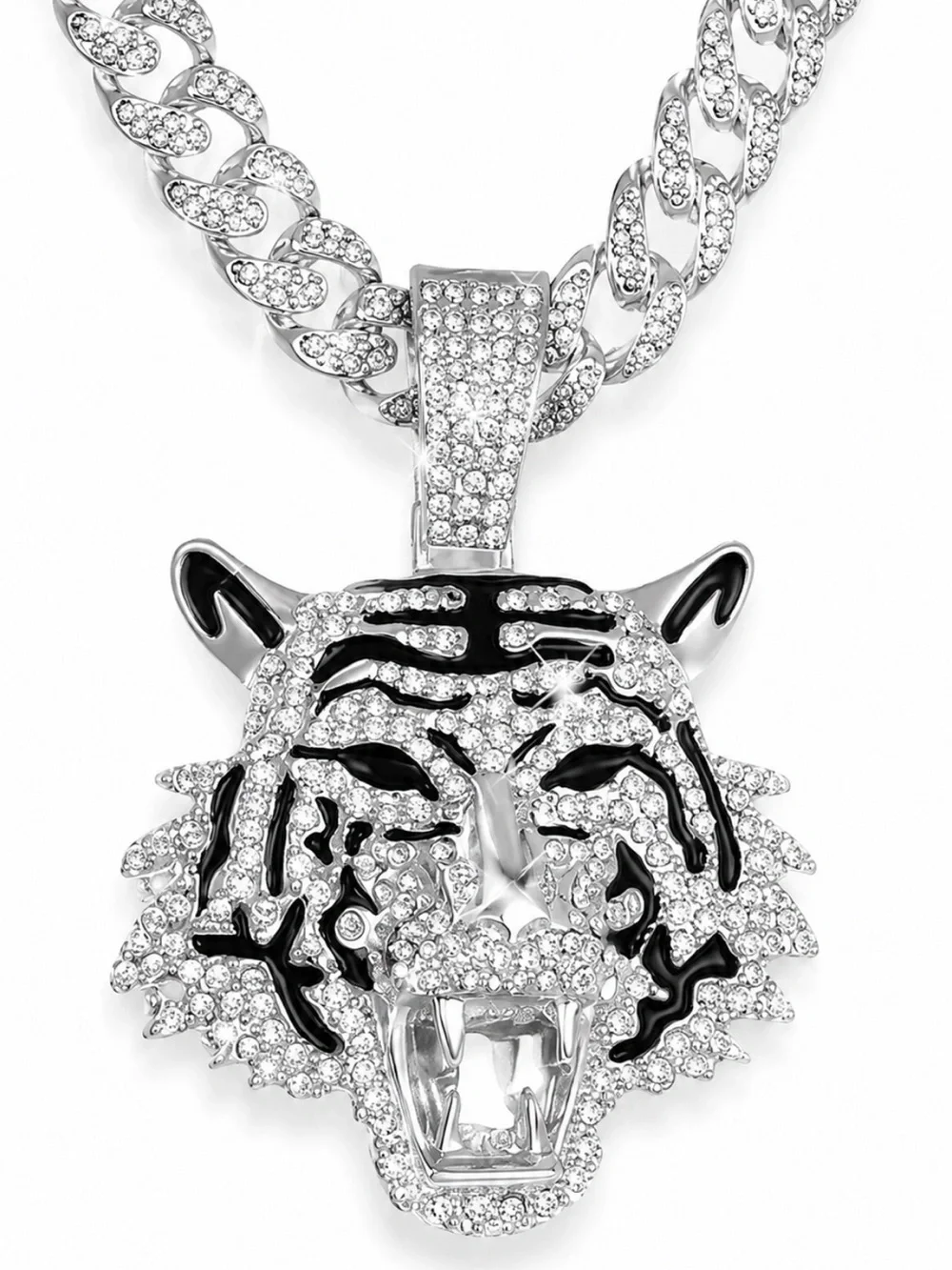 Iced Out Tiger Head Cuban Link Chain Diamond Pave Set Mens 20” Silver Necklace